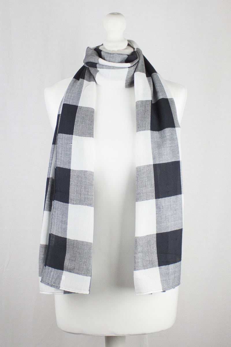 Tartan Checks Chevron Weave Cotton Viscose Scarf Black White