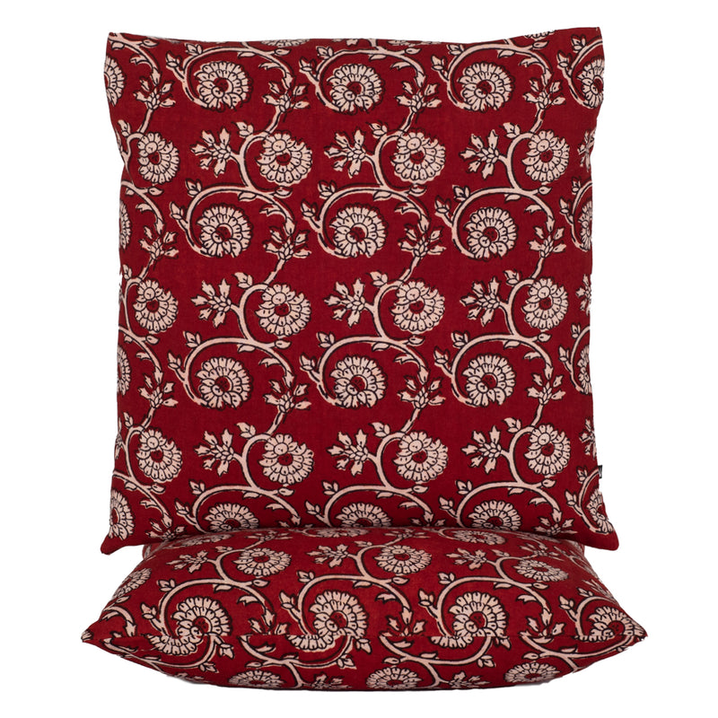 Floral Vine Bagh Hand Block Print Cotton Cushion Cover - Red