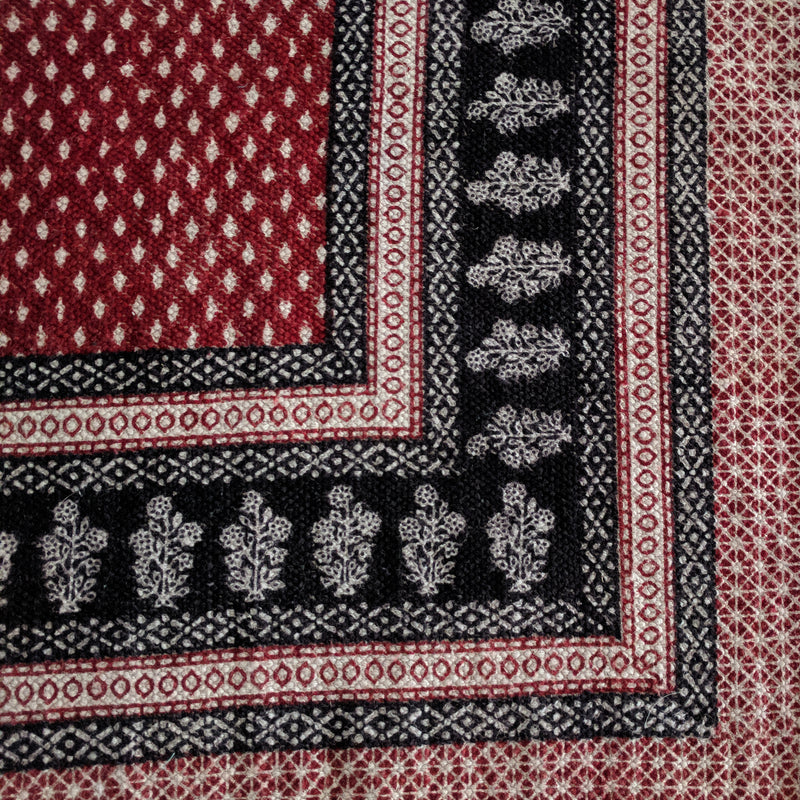 Dots & Floral Hand-block Print Rug - Red Black
