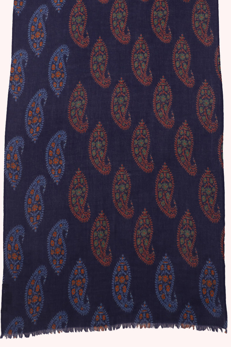 Indigo Paisley Print Twill Weave Wool Scarf - Blue Multi | SVEŽElife