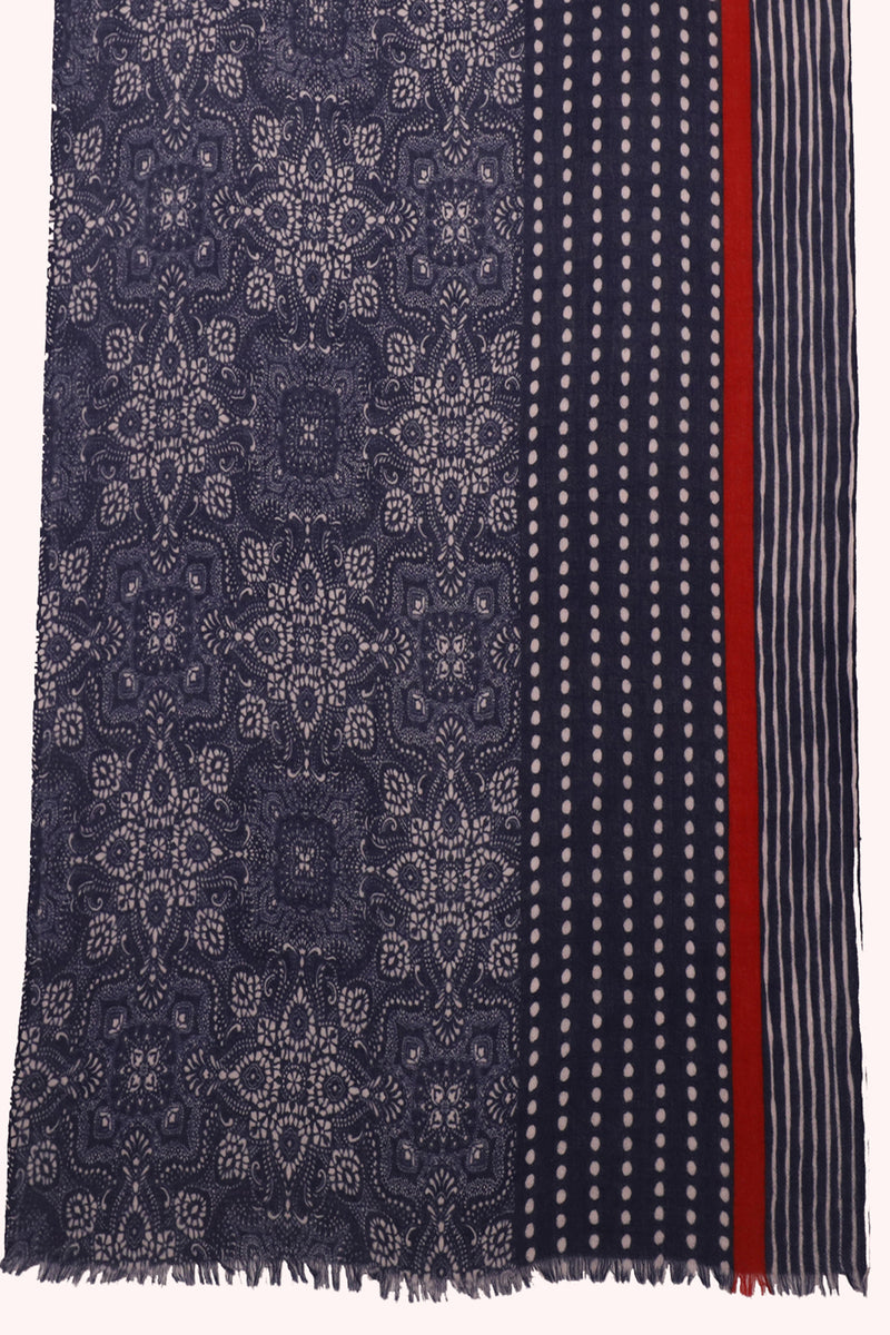 Indigo Bandhani Border Print Twill Weave Wool Scarf - Blue | SVEŽElife