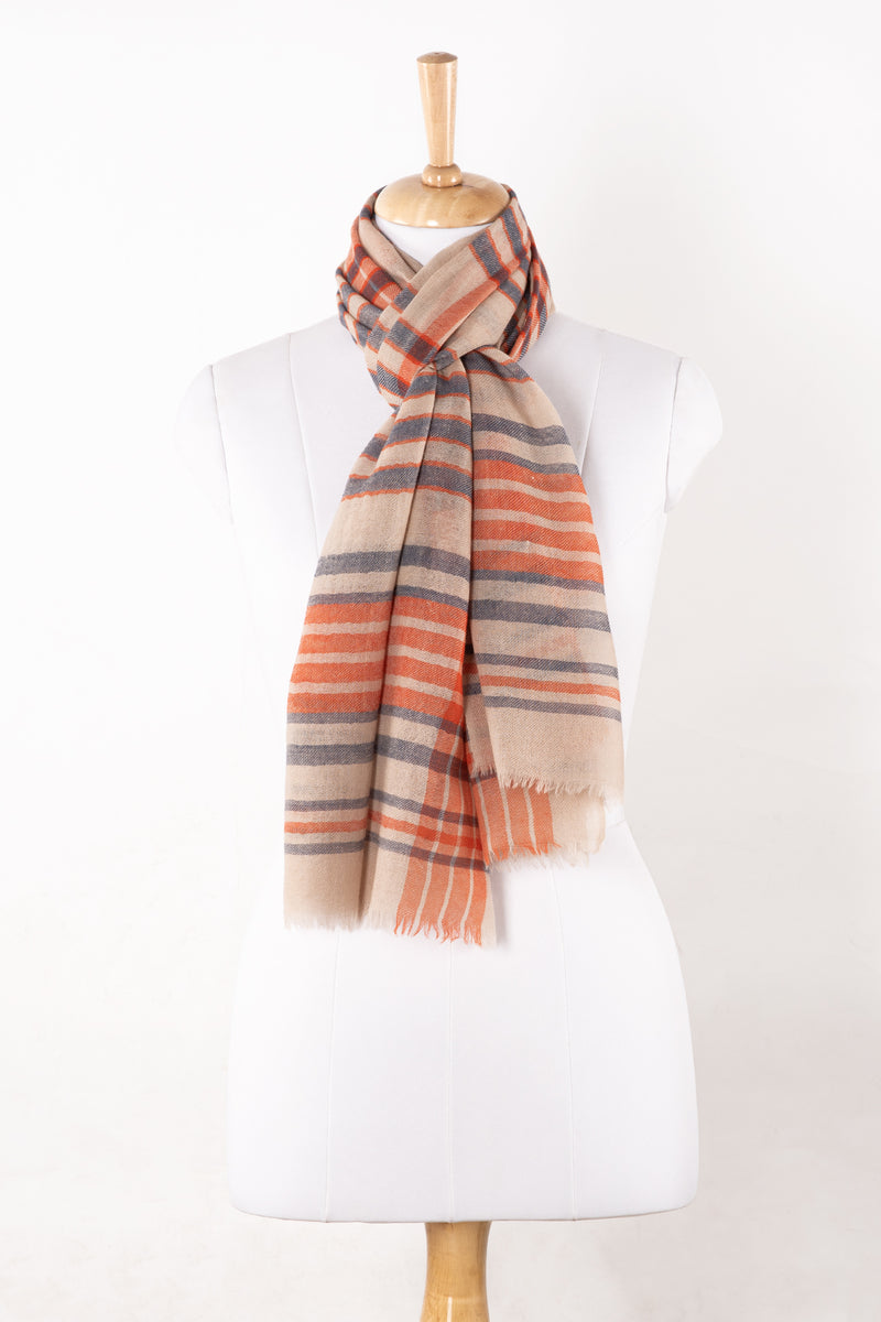 SVEZE Yarn Dyed Stripes Merino Wool Scarf - Blue Orange - Regular Drape