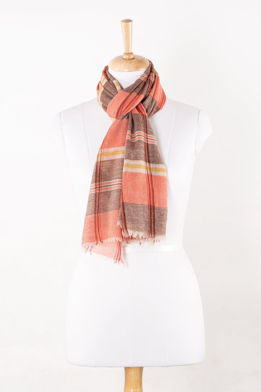 SVEZE Yarn Dyed Checks and Stripes Merino Wool Scarf - Pink Brown - Regular Drape