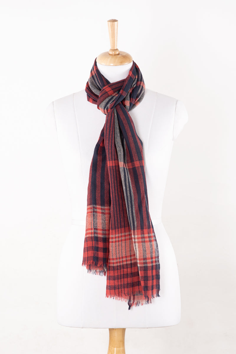 SVEZE Yarn Dyed Checks and Stripes Merino Wool Scarf - Fuchsia Pink Navy - Alternate Drape