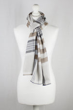 Checks and Stripes Textured Weave Viscose Scarf - Beige Black Off-White