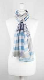 Checks and Stripes Textured Weave Viscose Scarf - Blue Navy Beige