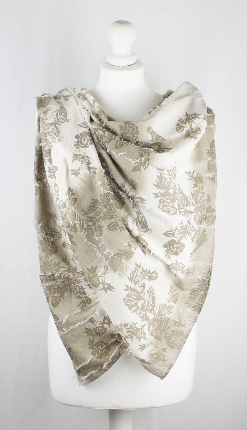Frayed Stripes Printed Cotton Scarf -  Off- White Beige