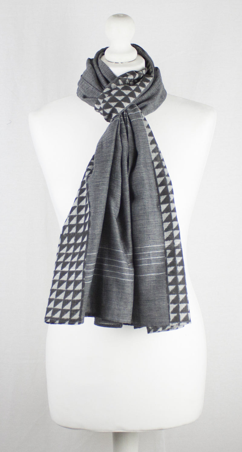 Triangle Print Chambray Cotton Scarf -  Grey Black