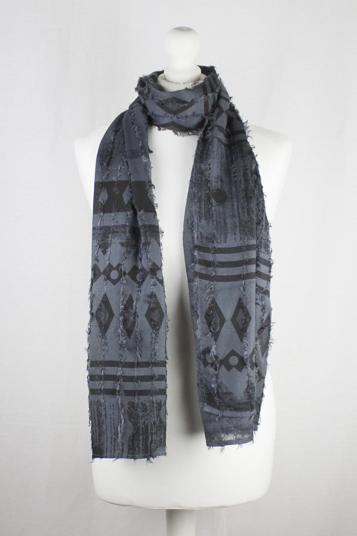 Frayed Stripes Block Printed Viscose Scarf - Grey Black