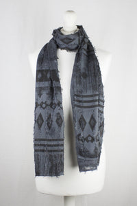Frayed Stripes Block Printed Viscose Scarf - Grey Black
