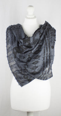 Frayed Stripes Block Printed Viscose Scarf - Grey Black