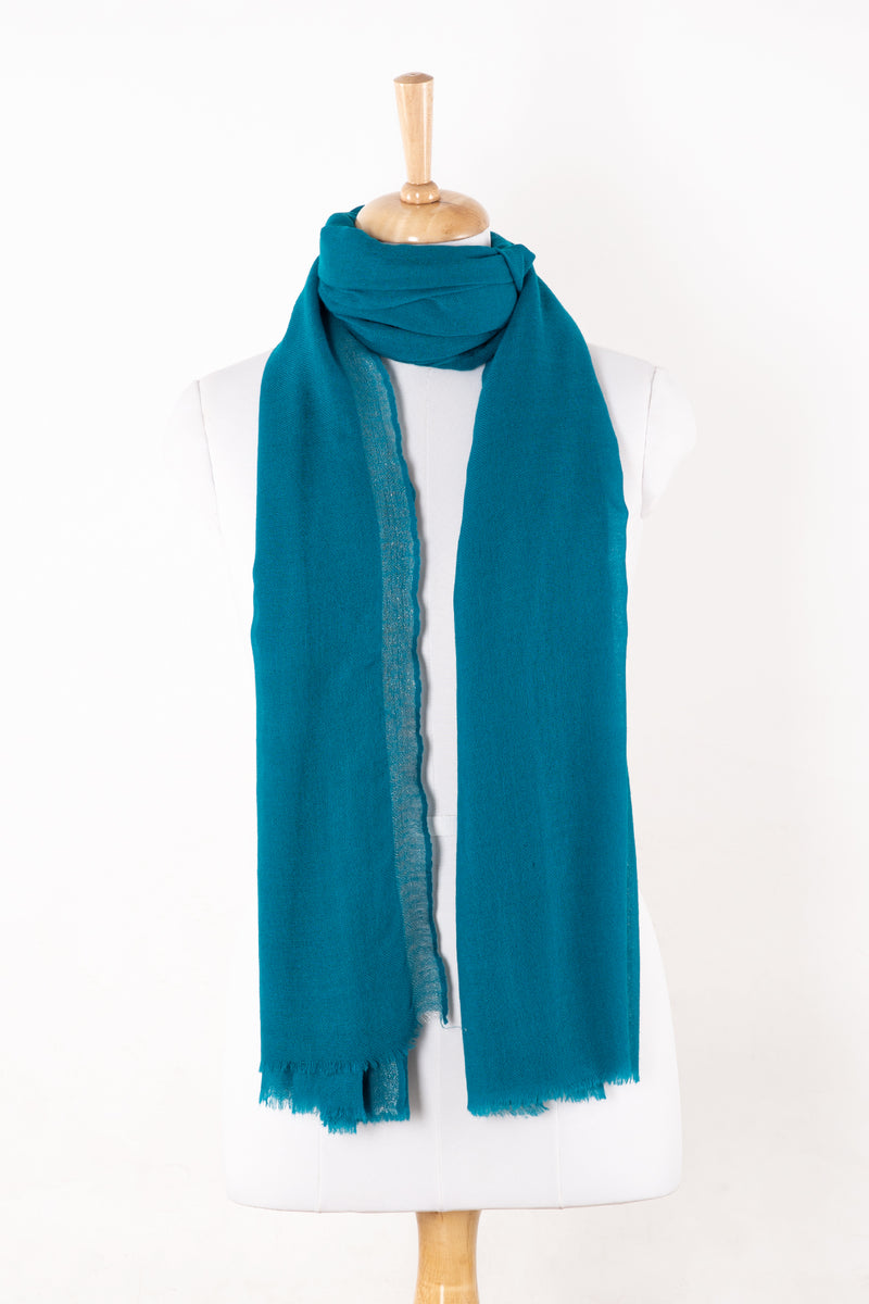 Sveze - Twill Weave with Silver Lurex Border Merino Wool Scarf - Turquoise - Regular Drape