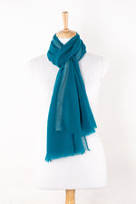 Sveze - Twill Weave with Silver Lurex Border Merino Wool Scarf - Turquoise - Alternate Drape
