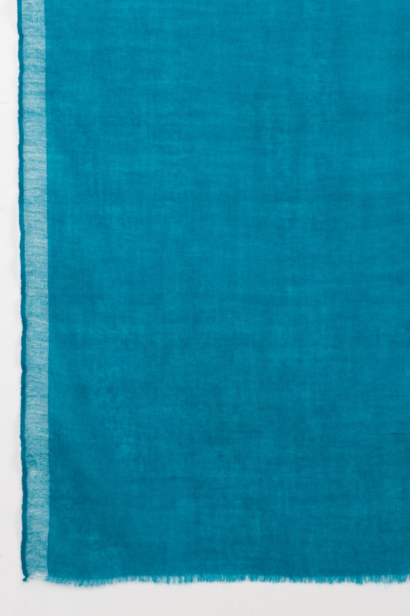 Sveze - Twill Weave with Silver Lurex Border Merino Wool Scarf - Turquoise - Flat Look