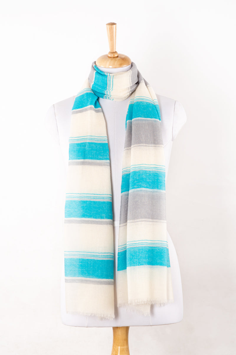 Sveze - Wide Stripes Merino Wool Scarf - Turquoise White - Regular Drape