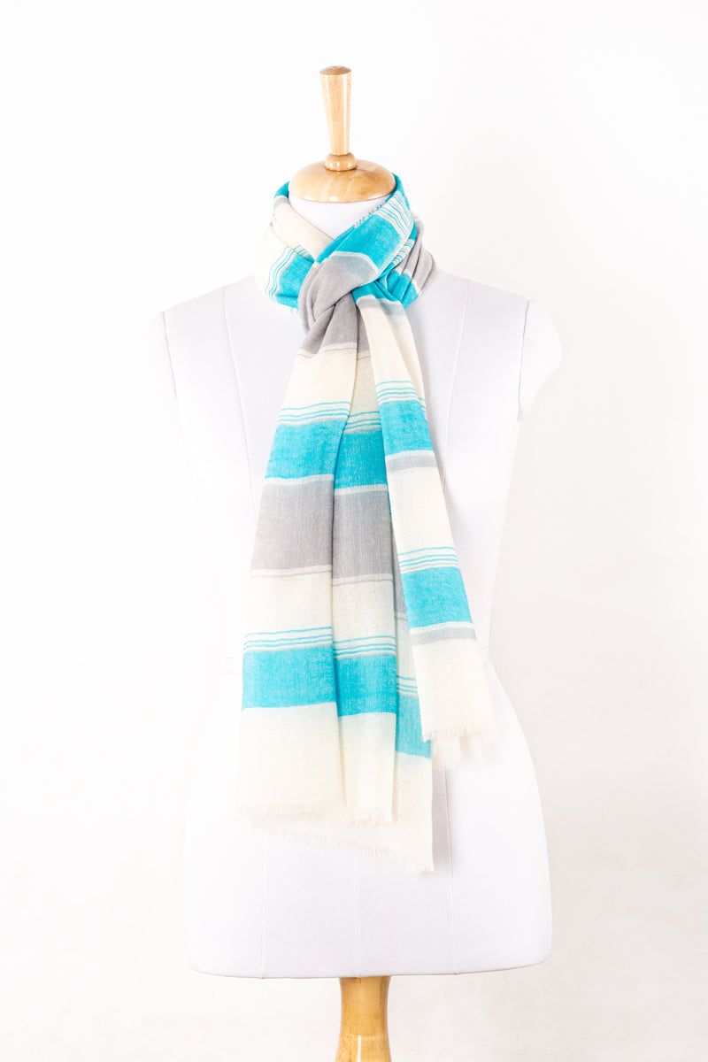 Sveze - Wide Stripes Merino Wool Scarf - Turquoise White - Alternate Drape