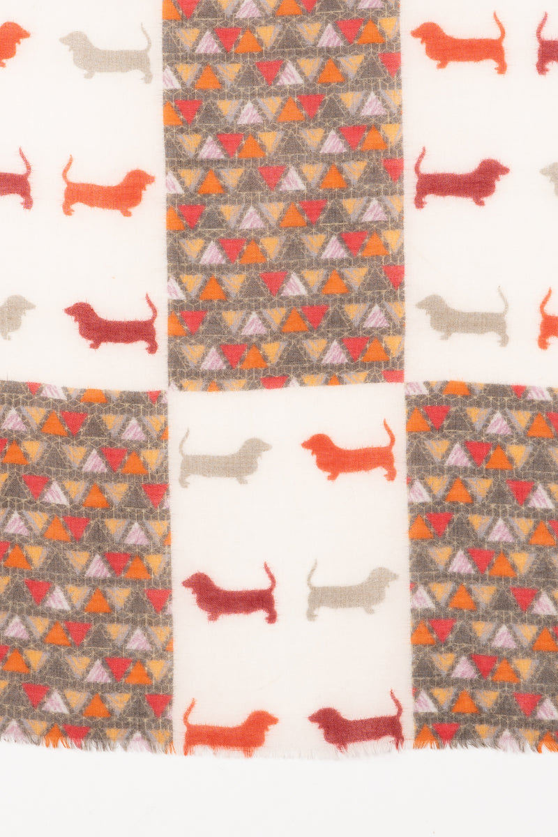 SVEZE Dog and Triangle Patch Print Merino Wool Scarf - White - Flat Look
