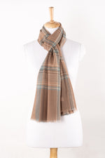 SVEZE Yarn Dyed Twill Weave Stripes & Checks Merino Wool Scarf - Beige Blue - Regular Drape