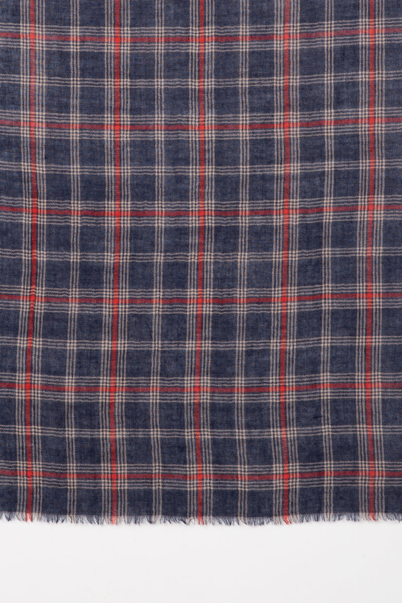 SVEZE Yarn Dyed Twill Weave Classic Checks Merino Wool Scarf - Navy Red - Flat Look