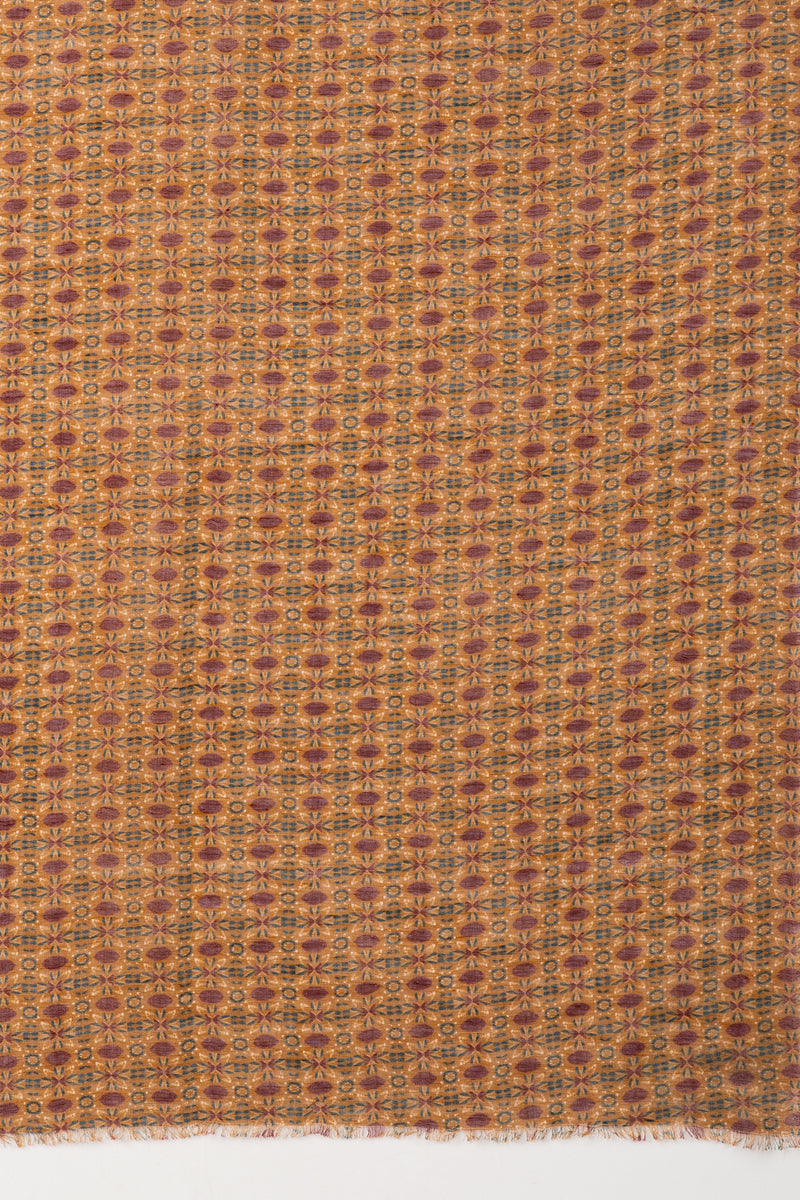 SVEZE Tile Print Linen Cotton Scarf - Ochre Red - Flat Look