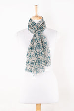 SVEZE Flower Print Linen Cotton Scarf - Blue - Regular Drape