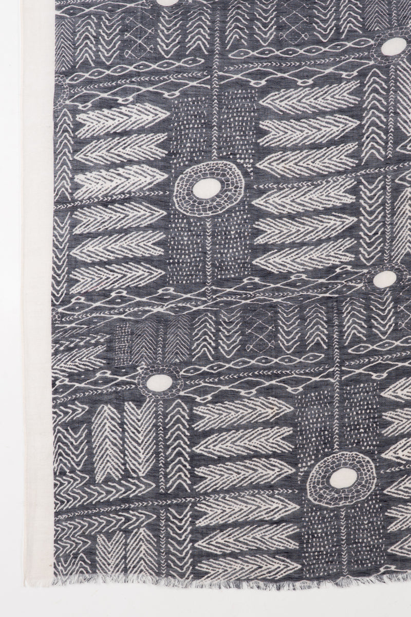 SVEZE Tribal Print Linen Cotton Scarf - Black - Flat Look