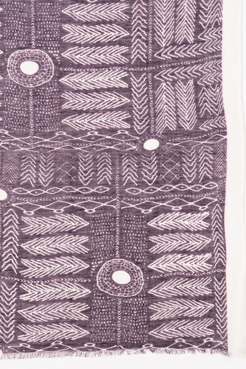 SVEZE Tribal Print Linen Cotton Scarf - Plum - Flat Look