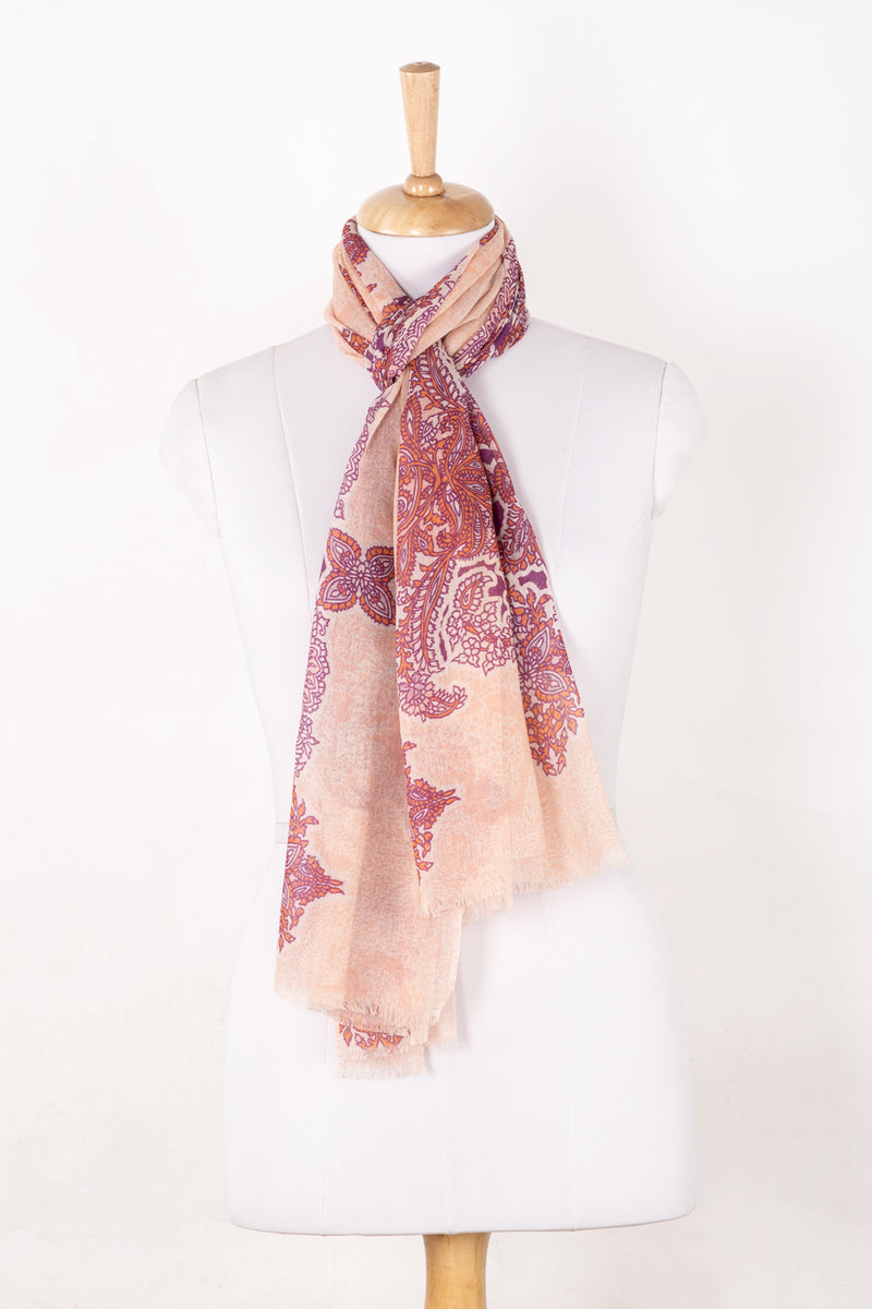 SVEZE Intricate Traditional Motif Cotton Modal Scarf - Peach Orange Purple - Regular Drape