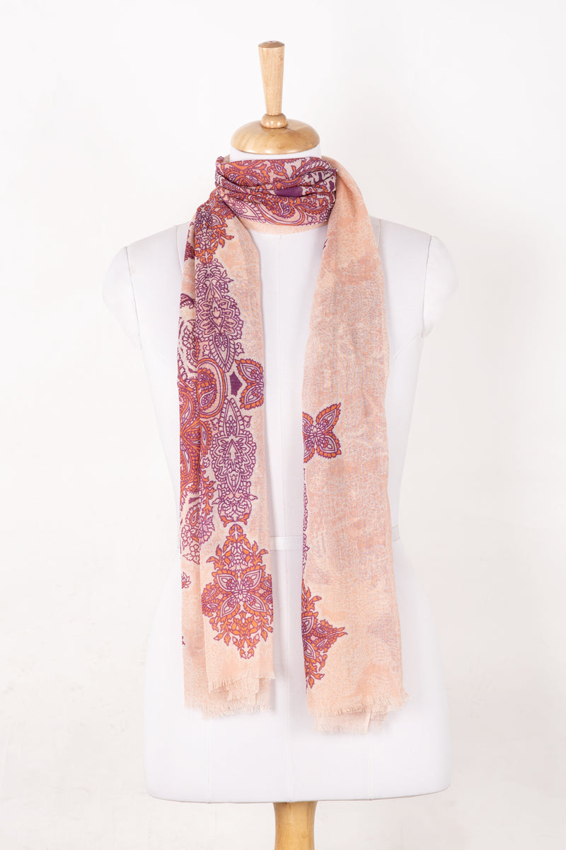 SVEZE Intricate Traditional Motif Cotton Modal Scarf - Peach Orange Purple - Alternate Drape