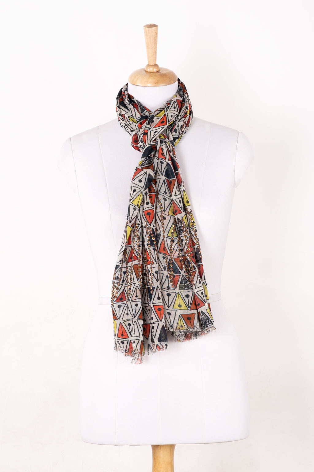 SVEZE Triangle Symmetry Print Cotton Modal Scarf with Embellishment - Multicoloured - Regular Drape