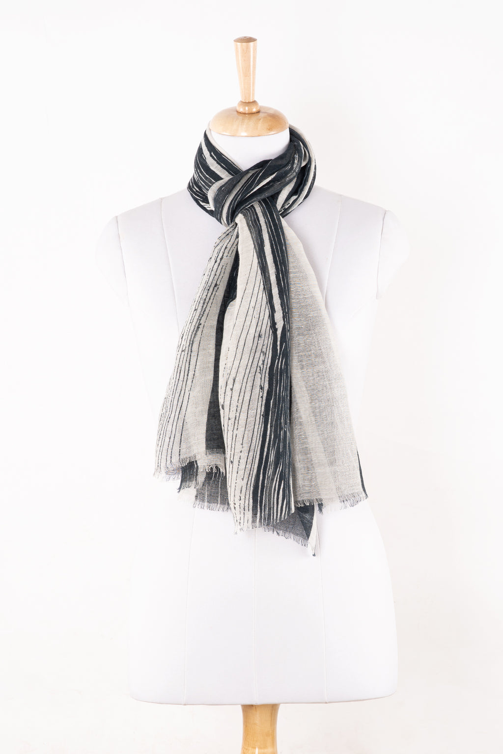 SVEZE Stripy Strokes Print Linen Cotton Scarf - Black and White - Regular Drape