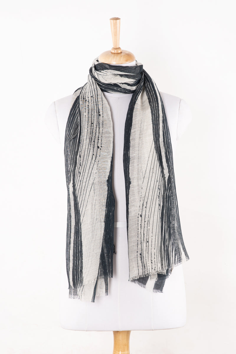 SVEZE Stripy Strokes Print Linen Cotton Scarf - Black and White - Alternate Drape