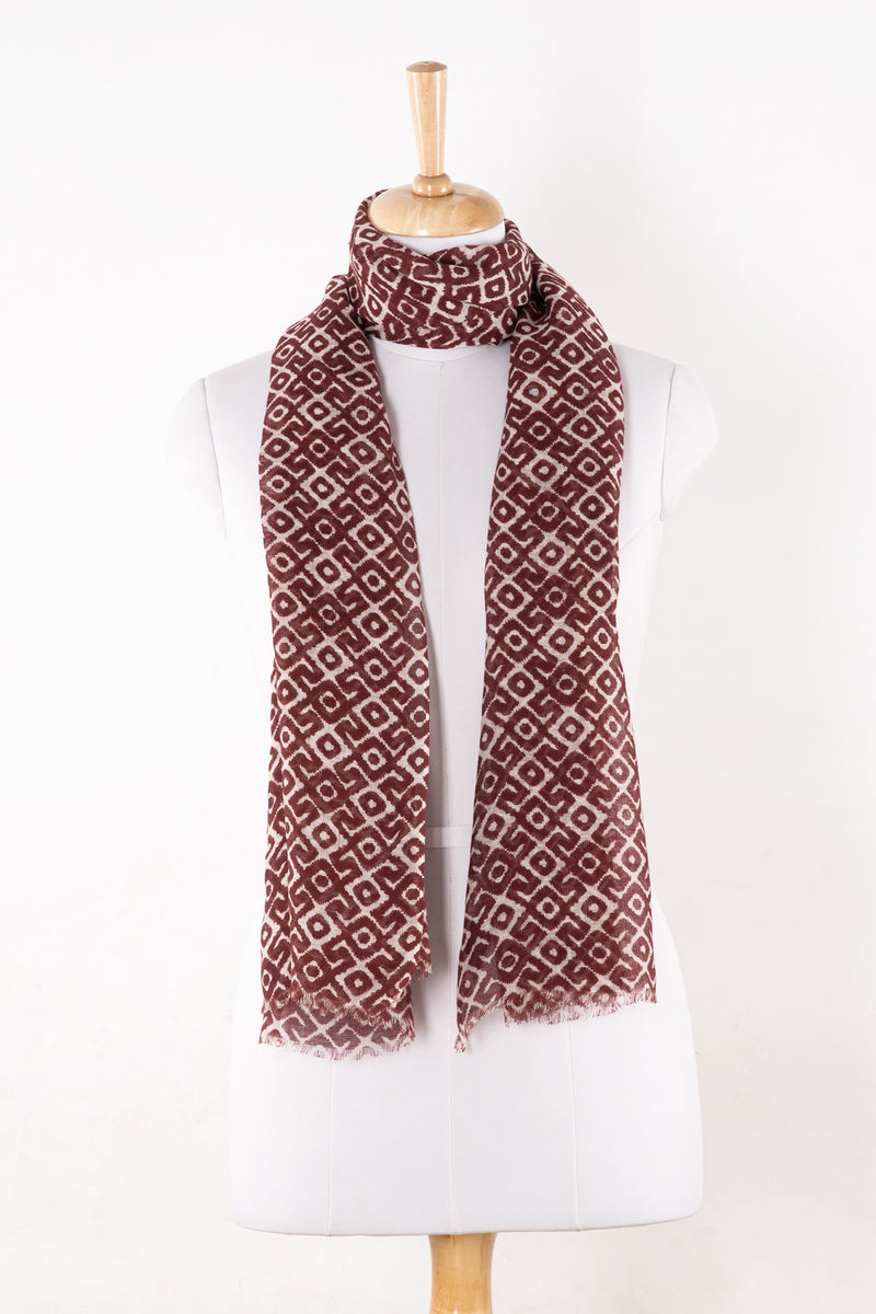 Sveze - Tribal Tile Print Linen Cotton Scarf - Burgundy - Regular Drape