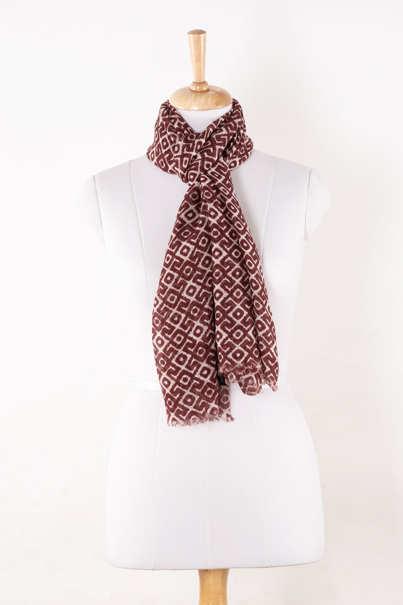 Sveze - Tribal Tile Print Linen Cotton Scarf - Burgundy - Alternate Drape Drape