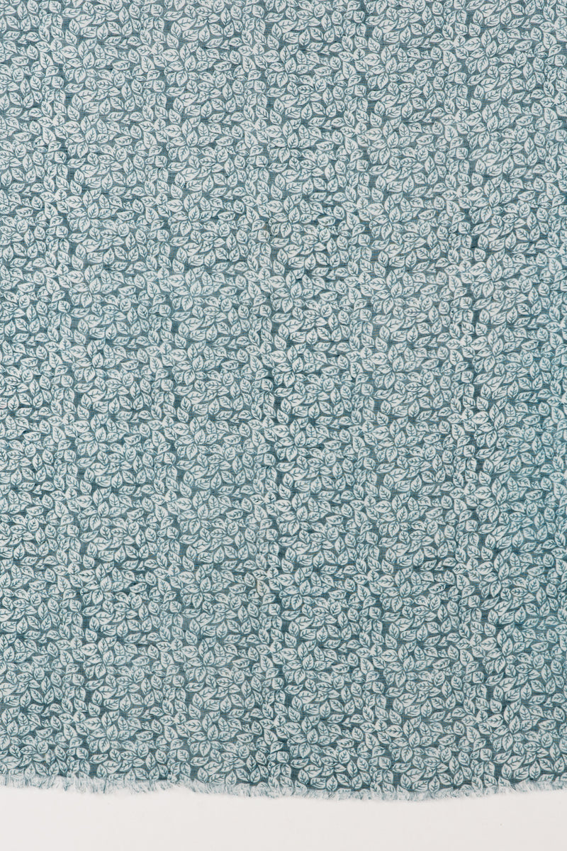 Sveze - Leaf Print Linen Cotton Scarf - Teal - Flat Look