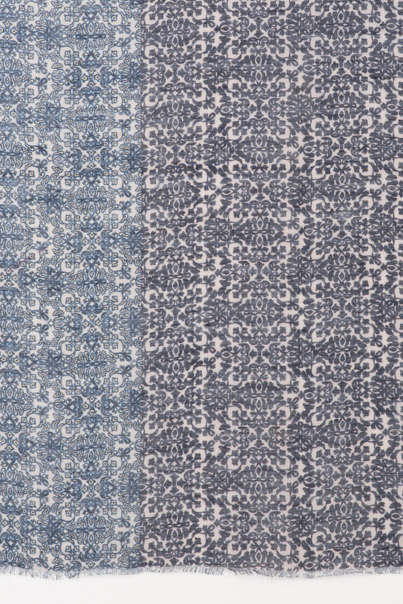 SVEZE Floral Tile Print Linen Cotton Scarf - Navy Cement - Flat Look