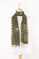 Sveze - Tribal Print Linen Cotton Scarf - Leaf Green - Regular Drape