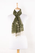Sveze - Tribal Print Linen Cotton Scarf - Leaf Green - Alternate Drape