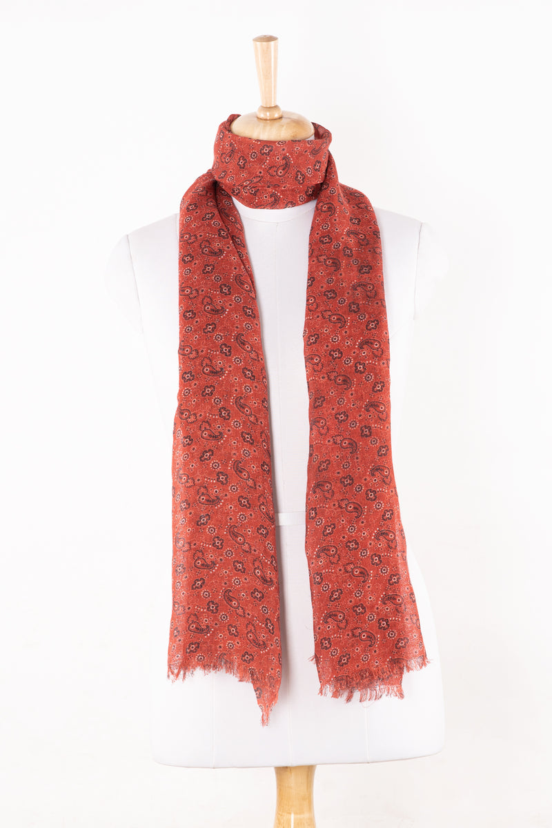 SVEZE Ditsy Paisley and Flower Print Linen Cotton Scarf - Crimson - Alternate Drape