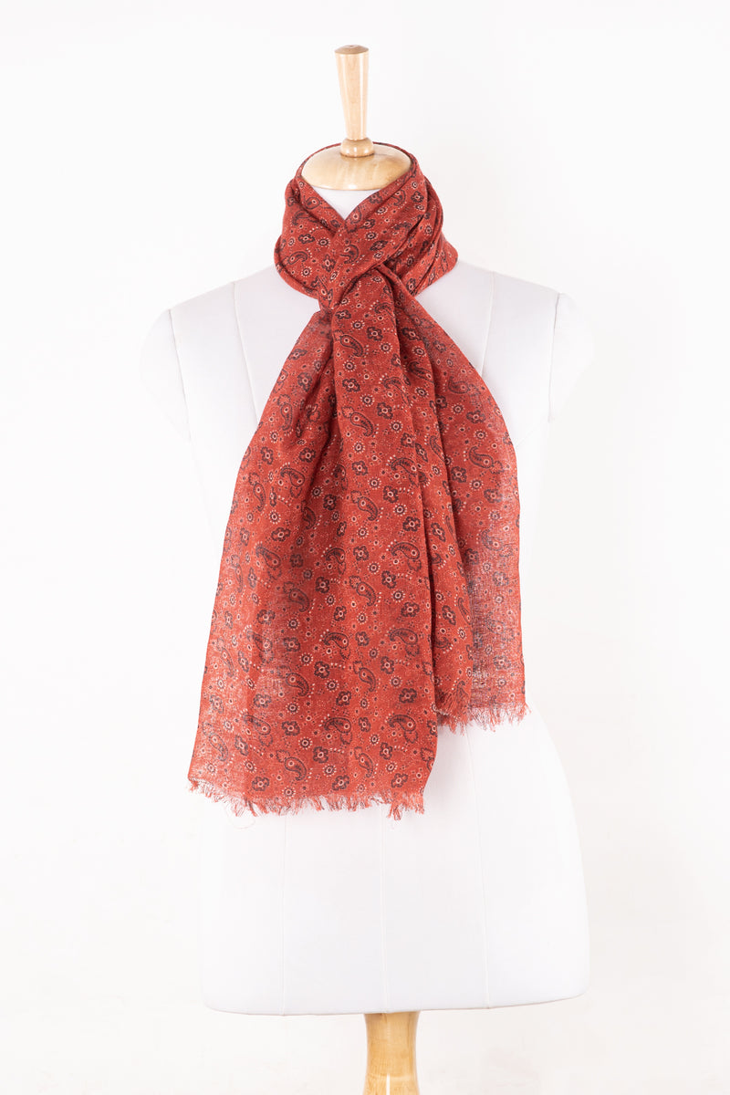 SVEZE Ditsy Paisley and Flower Print Linen Cotton Scarf - Crimson - Regular Drape
