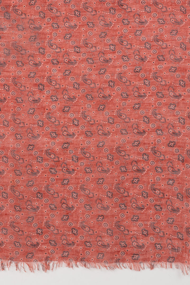 SVEZE Ditsy Paisley and Flower Print Linen Cotton Scarf - Crimson - Flat Look