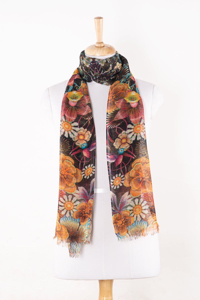 SVEZE Floral Bouquet Print Linen Cotton Scarf - Multicoloured - Alternate  Drape