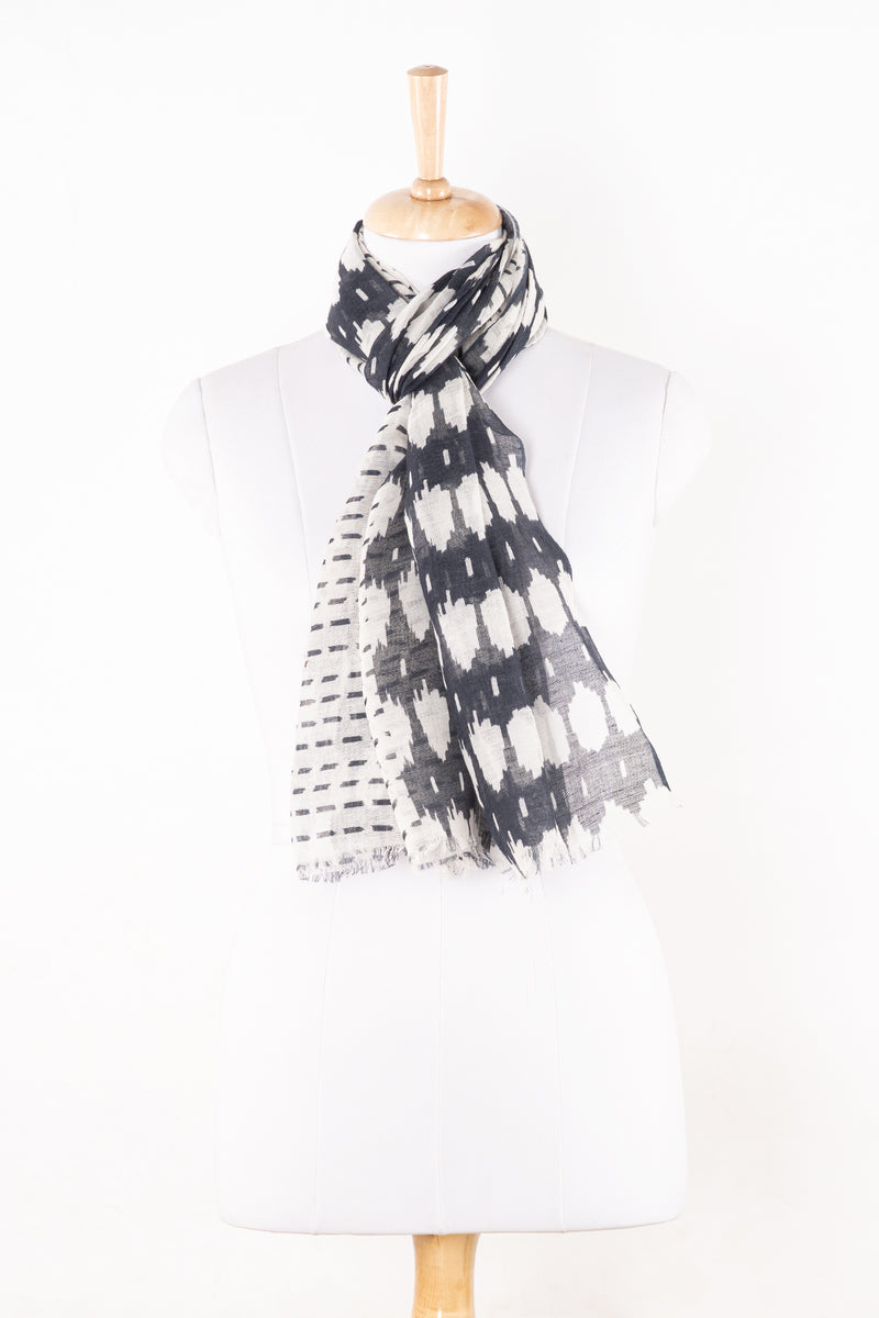 SVEZE Ikat and Geometry Mixed Print Linen Cotton Scarf - Black - Regular Drape