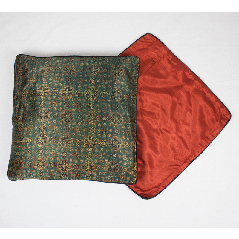 Geometric Floral Hand Block Print Mashru Silk Cushion Cover - Green Red