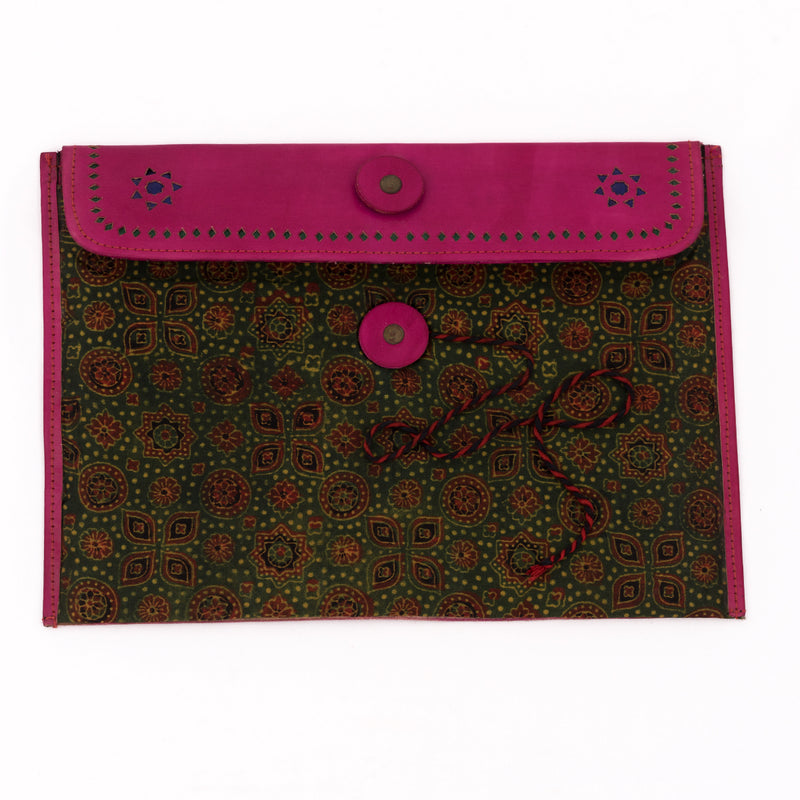 Hand-carved Leather iPad Case with Hand-block Ajrakh Print - Pink Green