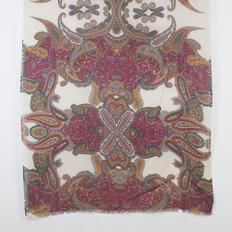 Persian Paisley Print Merino Wool Scarf - Magenta Off White