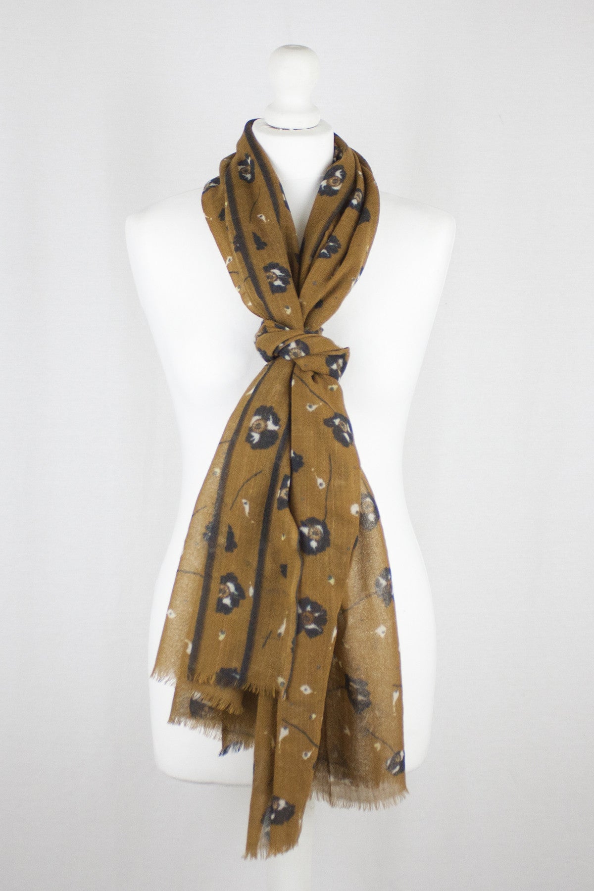Poppy Flower Merino Wool Scarf - Ochre