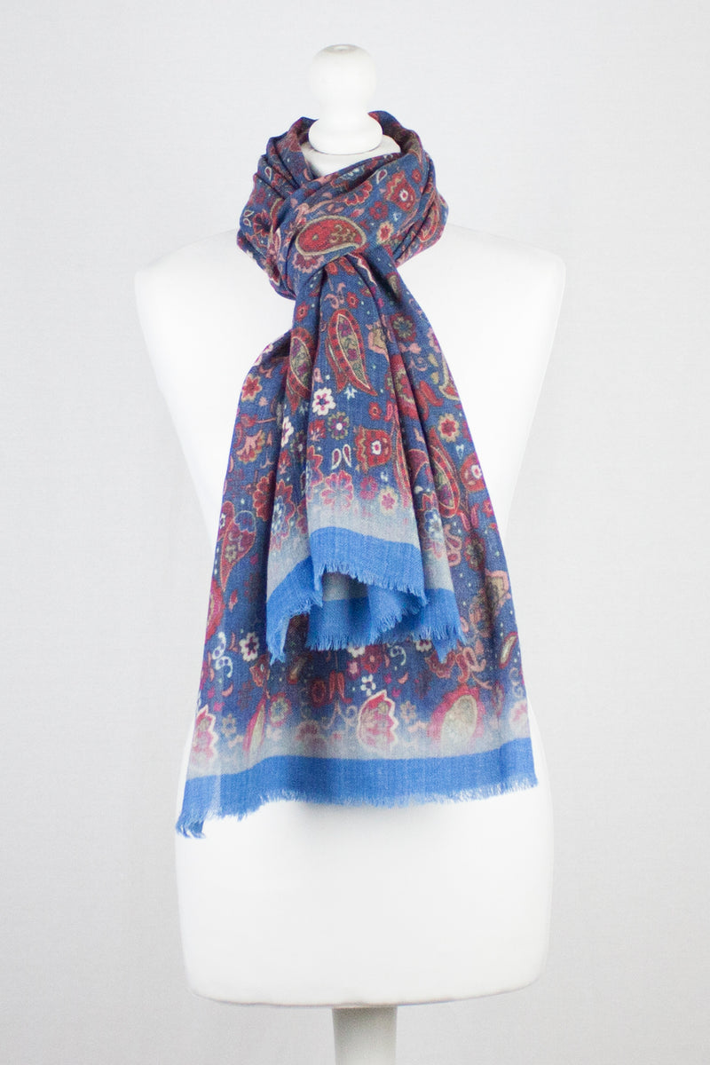Paisley and Flower Spread Print Merino Wool Scarf - Blue Multi