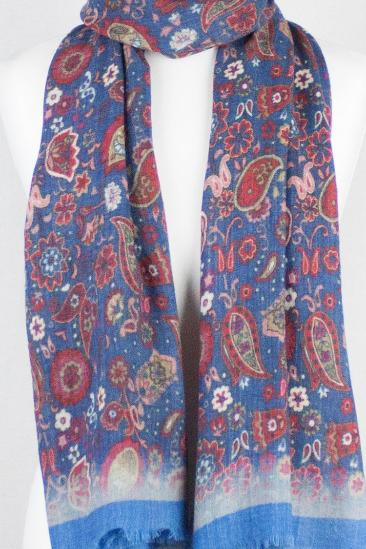Paisley and Flower Spread Print Merino Wool Scarf - Blue Multi