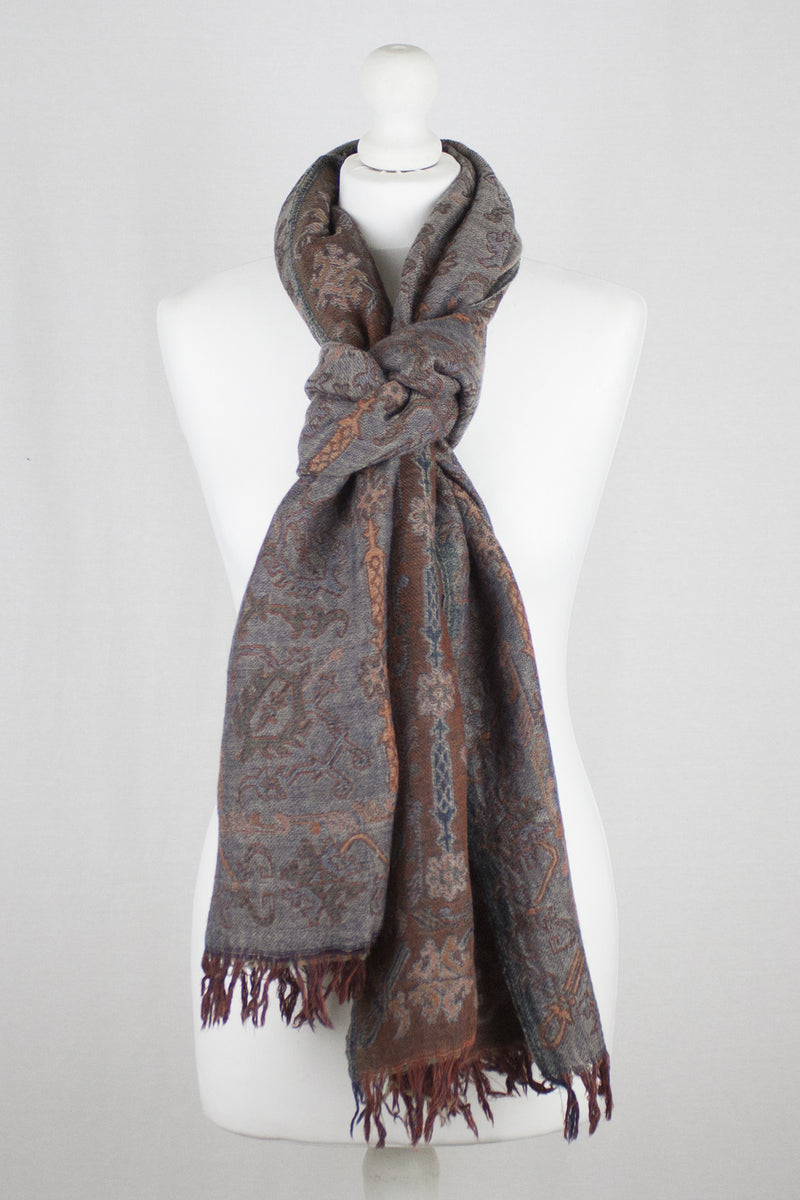 Jamdani Motif Jacquard Merino Wool Scarf - Grey Orange